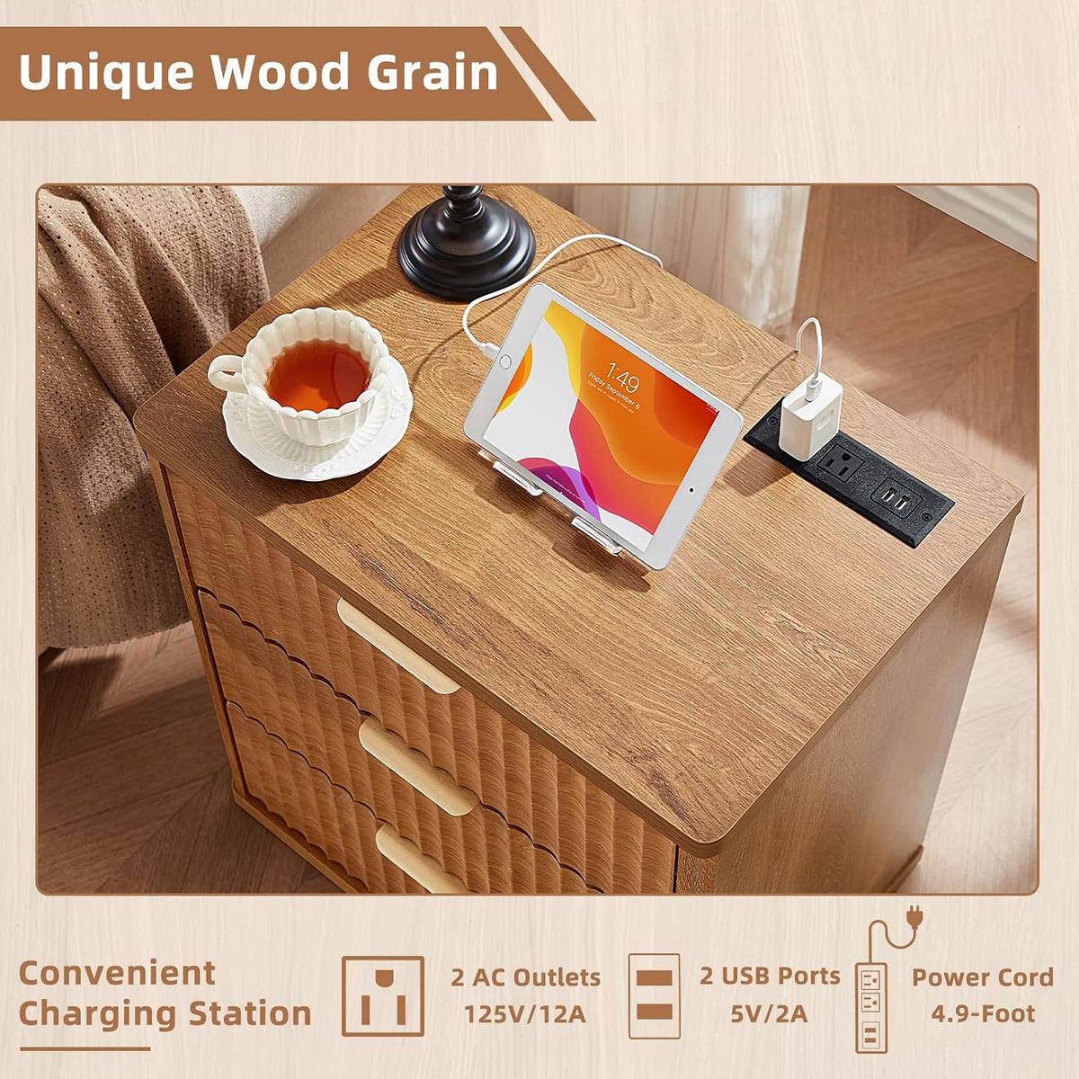 β¨ Fluted 2-Drawer Nightstand with Charging Station | Modern Bedside Table with Open Storage Shelf ποΈπΏ