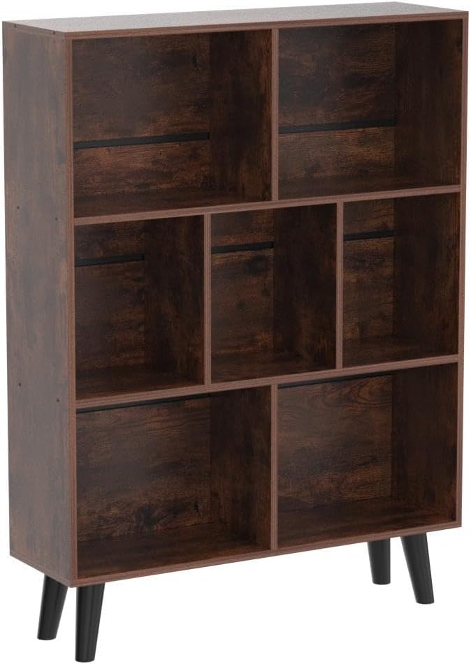 📚 Mid-Century 7-Cube Bookshelf | Rustic Brown Open Storage & Display Bookcase with Legs 🌿🏡