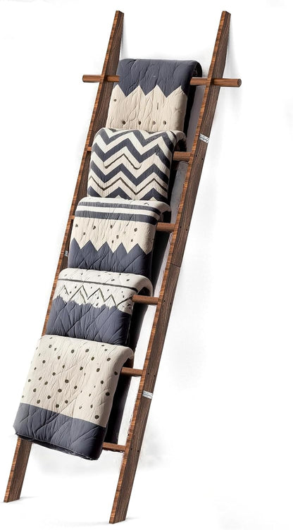 🪵 Rustic 6-Tier Wooden Blanket Ladder with 5 Removable Hooks | Farmhouse Towel, Quilt & Throw Display Rack 🌿🏡