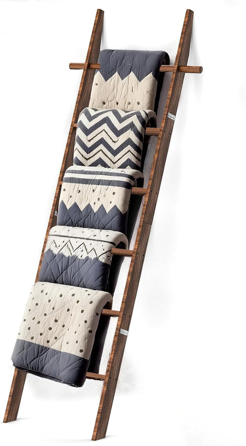 🪵 Rustic 6-Tier Wooden Blanket Ladder with 5 Removable Hooks | Farmhouse Towel, Quilt & Throw Display Rack 🌿🏡