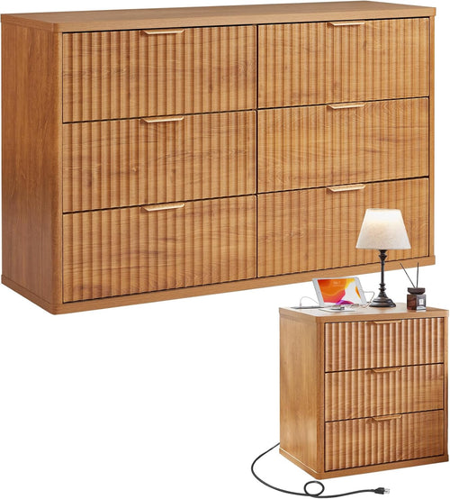 ✨ Fluted 2-Drawer Nightstand with Charging Station | Modern Bedside Table with Open Storage Shelf 🛏️🌿