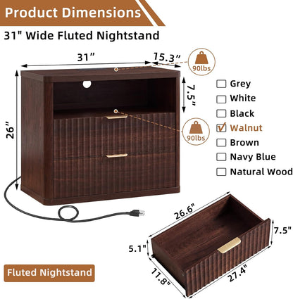 ✨ Oversized Fluted Nightstand with Charging Station | 2-Drawer Bedside Table with USB & Power Outlets 🛏️🌿