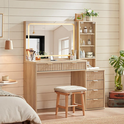 ✨ Fluted Makeup Vanity Set with Lighted Mirror & Nightstand | 6-Drawer Dressing Table with Charging Station 🌿💄