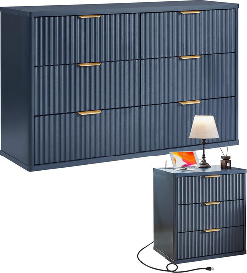 ✨ Fluted 2-Drawer Nightstand with Charging Station | Modern Bedside Table with Open Storage Shelf 🛏️🌿