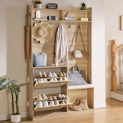🌿 Boho Entryway Hall Tree with Cushioned Bench | 4-in-1 Coat Rack, Shoe Storage & Rattan Cabinets 🏡✨