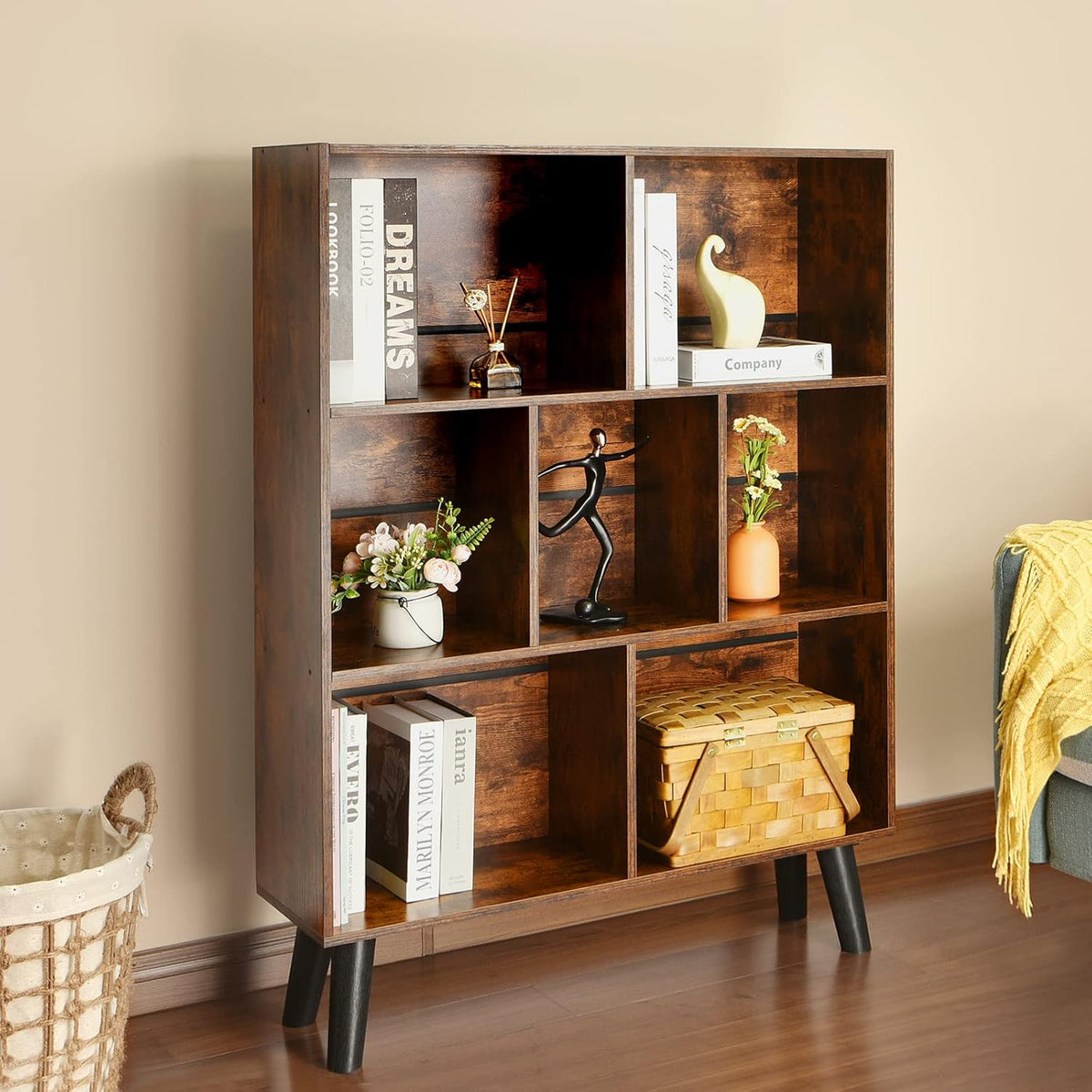 📚 Mid-Century 7-Cube Bookshelf | Rustic Brown Open Storage & Display Bookcase with Legs 🌿🏡