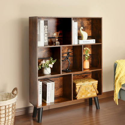 📚 Mid-Century 7-Cube Bookshelf | Rustic Brown Open Storage & Display Bookcase with Legs 🌿🏡
