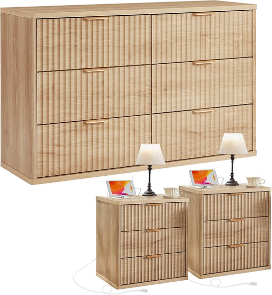 ✨ Fluted 3-Piece Bedroom Furniture Set | 6-Drawer Dresser & Two 3-Drawer Nightstands 🛏️🌿