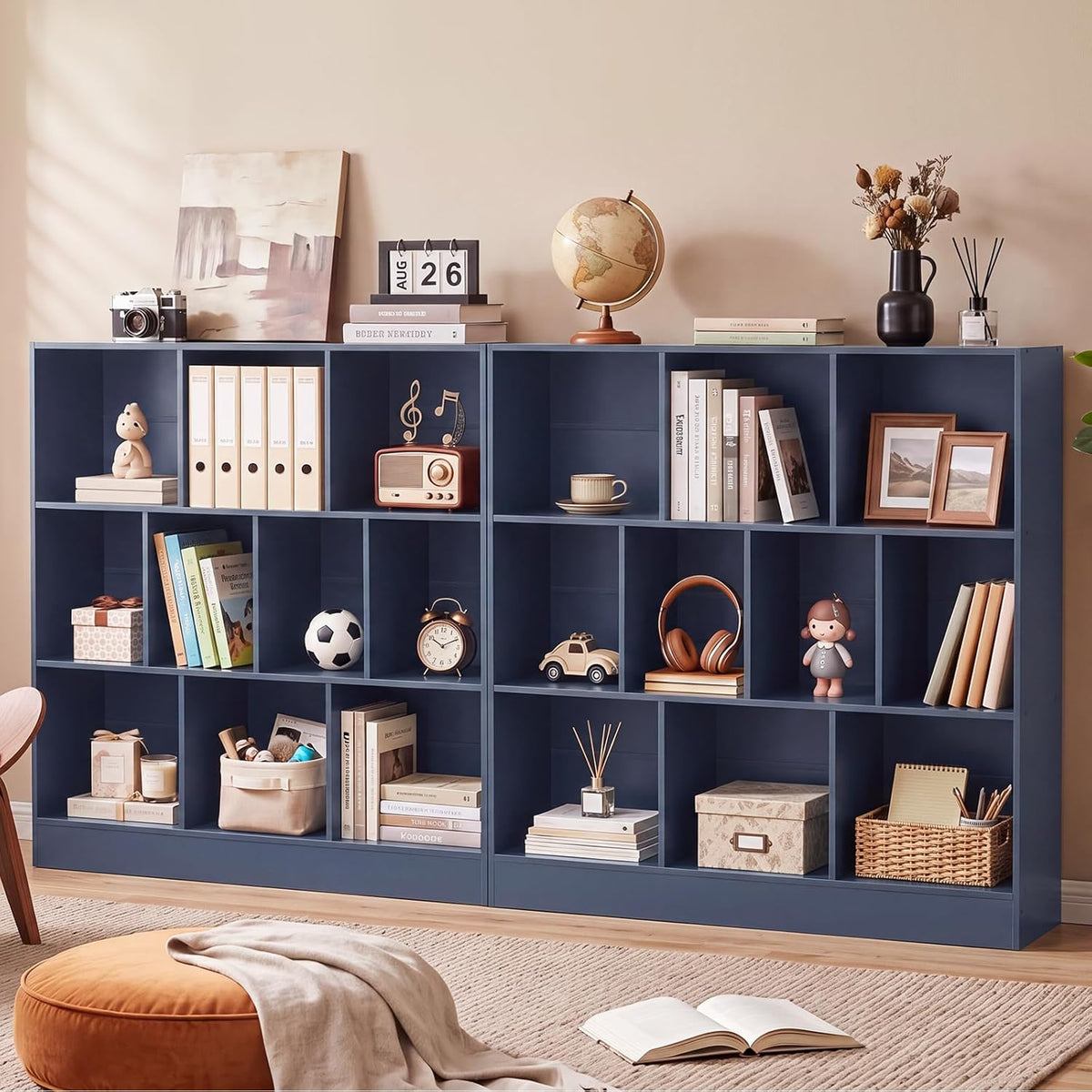 📚 Mid-Century 7-Cube Bookshelf | Rustic Open Storage Bookcase with Angled Legs for Books & Decor 🌿🏡