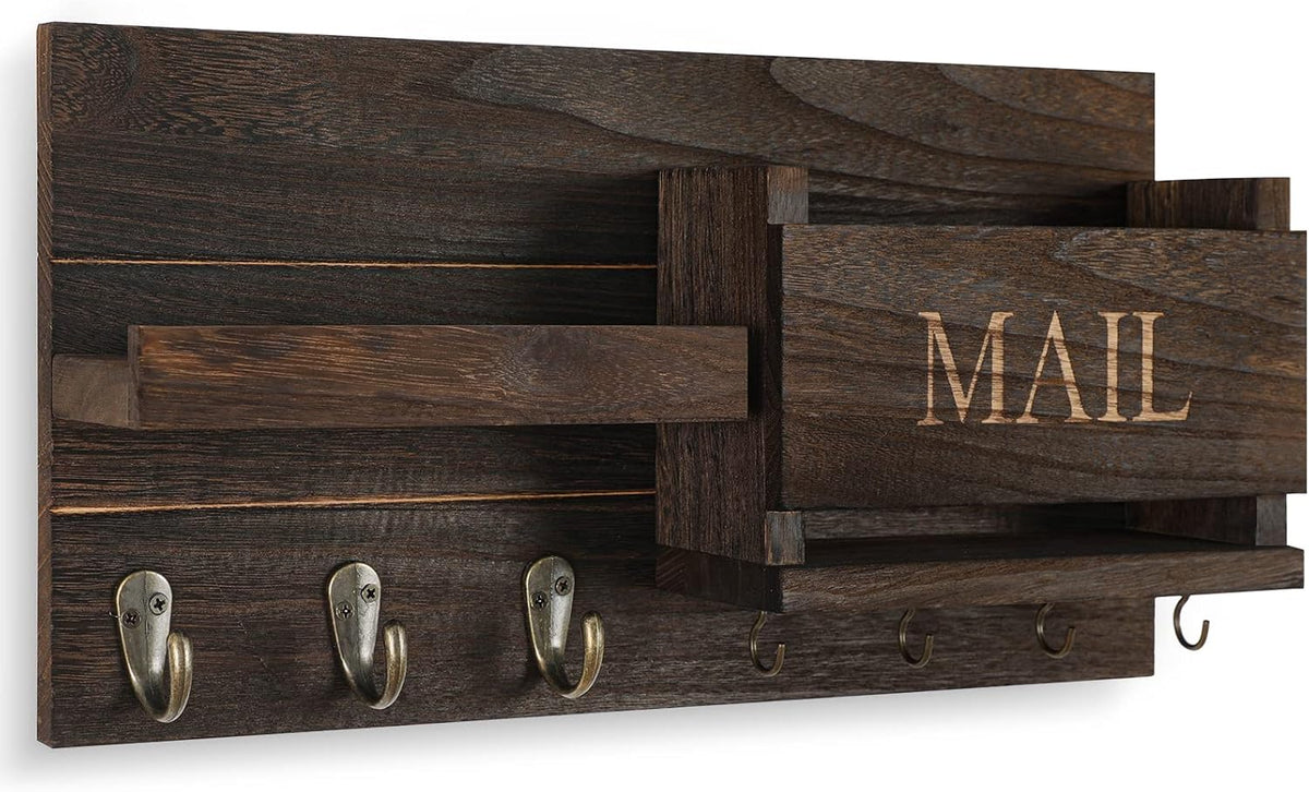 🏡 Rustic Wall-Mounted Mail & Key Organizer | Wooden Entryway Shelf with Hooks for Keys, Bags & Everyday Essentials ✨
