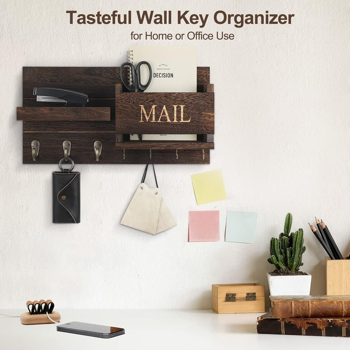 🏡 Rustic Wall-Mounted Mail & Key Organizer | Wooden Entryway Shelf with Hooks for Keys, Bags & Everyday Essentials ✨