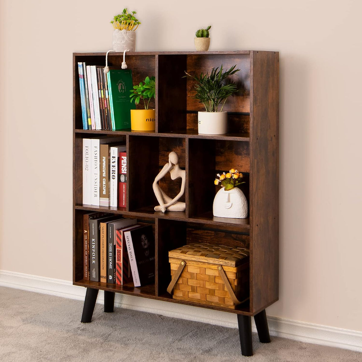 📚 Mid-Century 7-Cube Bookshelf | Rustic Brown Open Storage & Display Bookcase with Legs 🌿🏡
