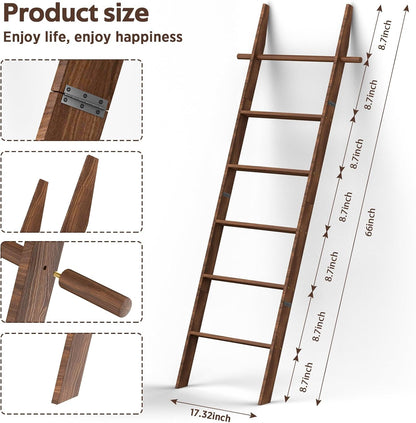 🪵 Rustic 6-Tier Wooden Blanket Ladder with 5 Removable Hooks | Farmhouse Towel, Quilt & Throw Display Rack 🌿🏡