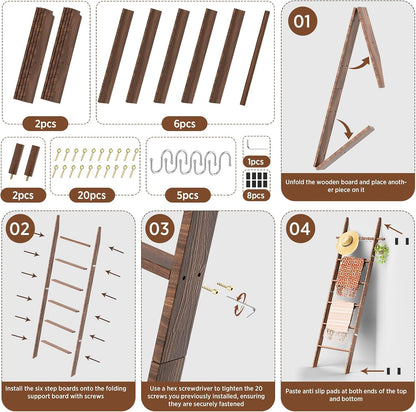 🪵 Rustic 6-Tier Wooden Blanket Ladder with 5 Removable Hooks | Farmhouse Towel, Quilt & Throw Display Rack 🌿🏡