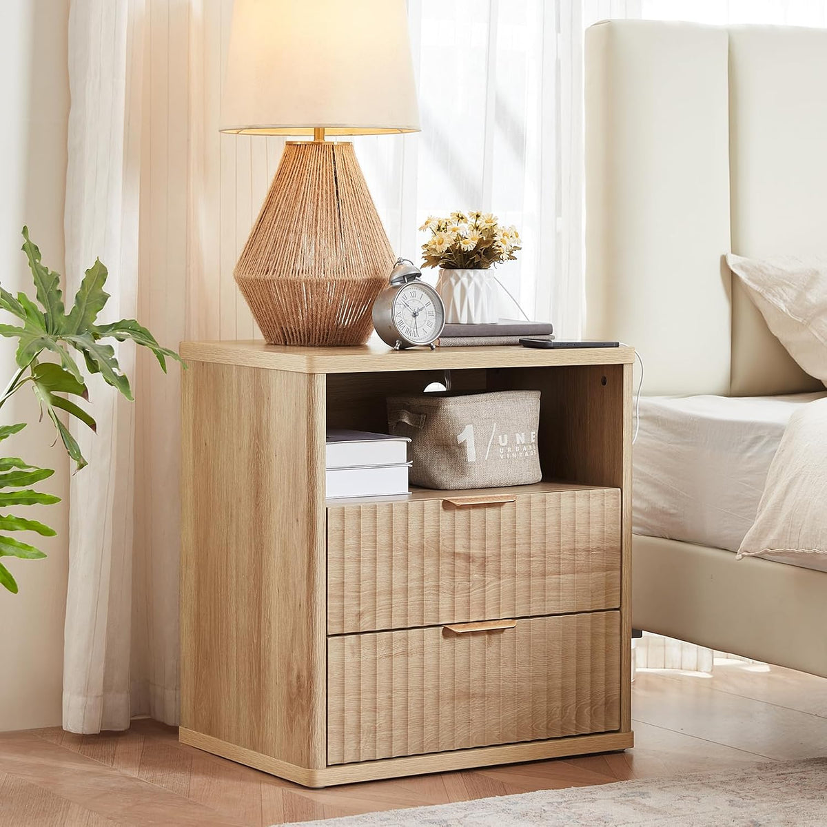 ✨ Fluted Makeup Vanity Set with Lighted Mirror & Nightstand | 6-Drawer Dressing Table with Charging Station 🌿💄