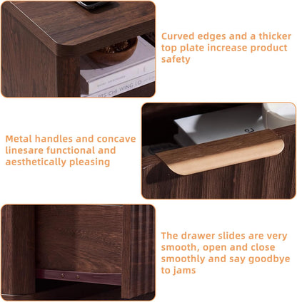 ✨ Oversized Fluted Nightstand with Charging Station | 2-Drawer Bedside Table with USB & Power Outlets 🛏️🌿