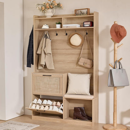 🌿 Boho Entryway Hall Tree with Cushioned Bench | 4-in-1 Coat Rack, Shoe Storage & Rattan Cabinets 🏡✨