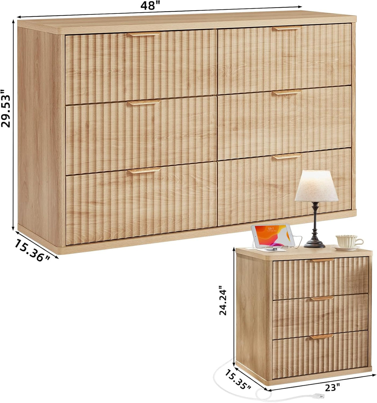 ✨ Fluted 3-Piece Bedroom Furniture Set | 6-Drawer Dresser & Two 3-Drawer Nightstands 🛏️🌿