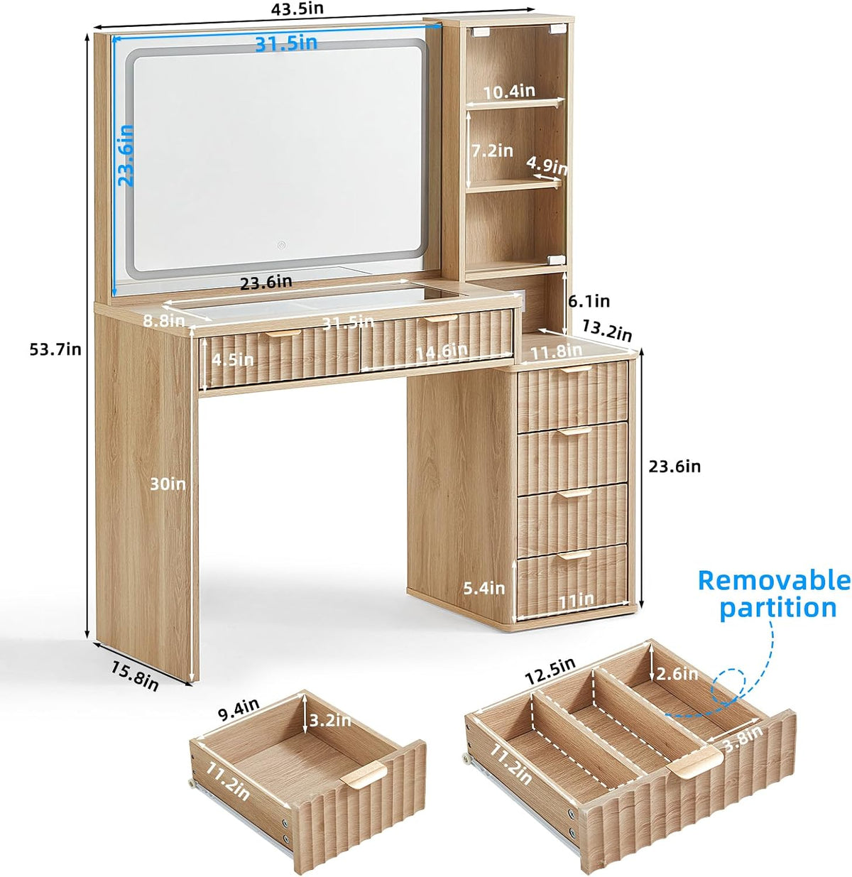 ✨ Fluted Makeup Vanity Set with Lighted Mirror & Nightstand | 6-Drawer Dressing Table with Charging Station 🌿💄