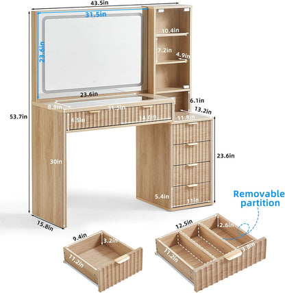 ✨ Fluted Makeup Vanity Set with Lighted Mirror & Nightstand | 6-Drawer Dressing Table with Charging Station 🌿💄