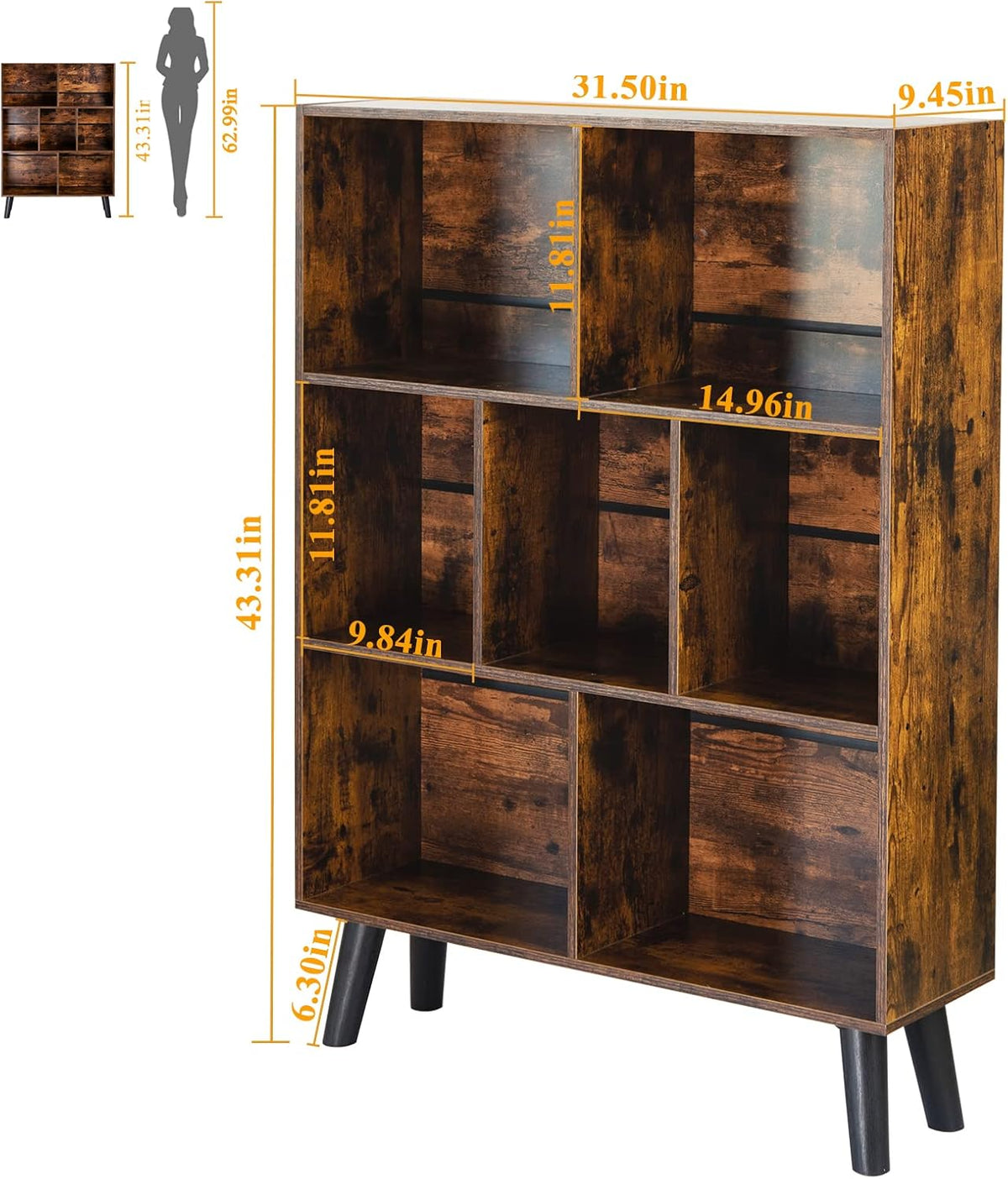 📚 Mid-Century 7-Cube Bookshelf | Rustic Brown Open Storage & Display Bookcase with Legs 🌿🏡