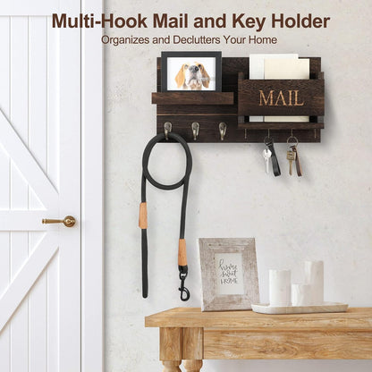 🏡 Rustic Wall-Mounted Mail & Key Organizer | Wooden Entryway Shelf with Hooks for Keys, Bags & Everyday Essentials ✨