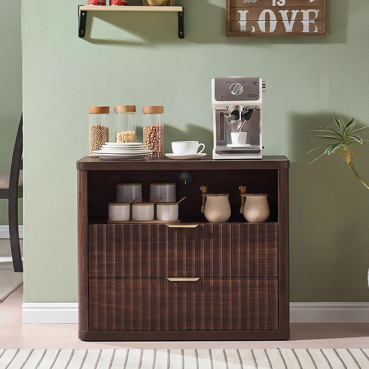 ✨ Oversized Fluted Nightstand with Charging Station | 2-Drawer Bedside Table with USB & Power Outlets 🛏️🌿