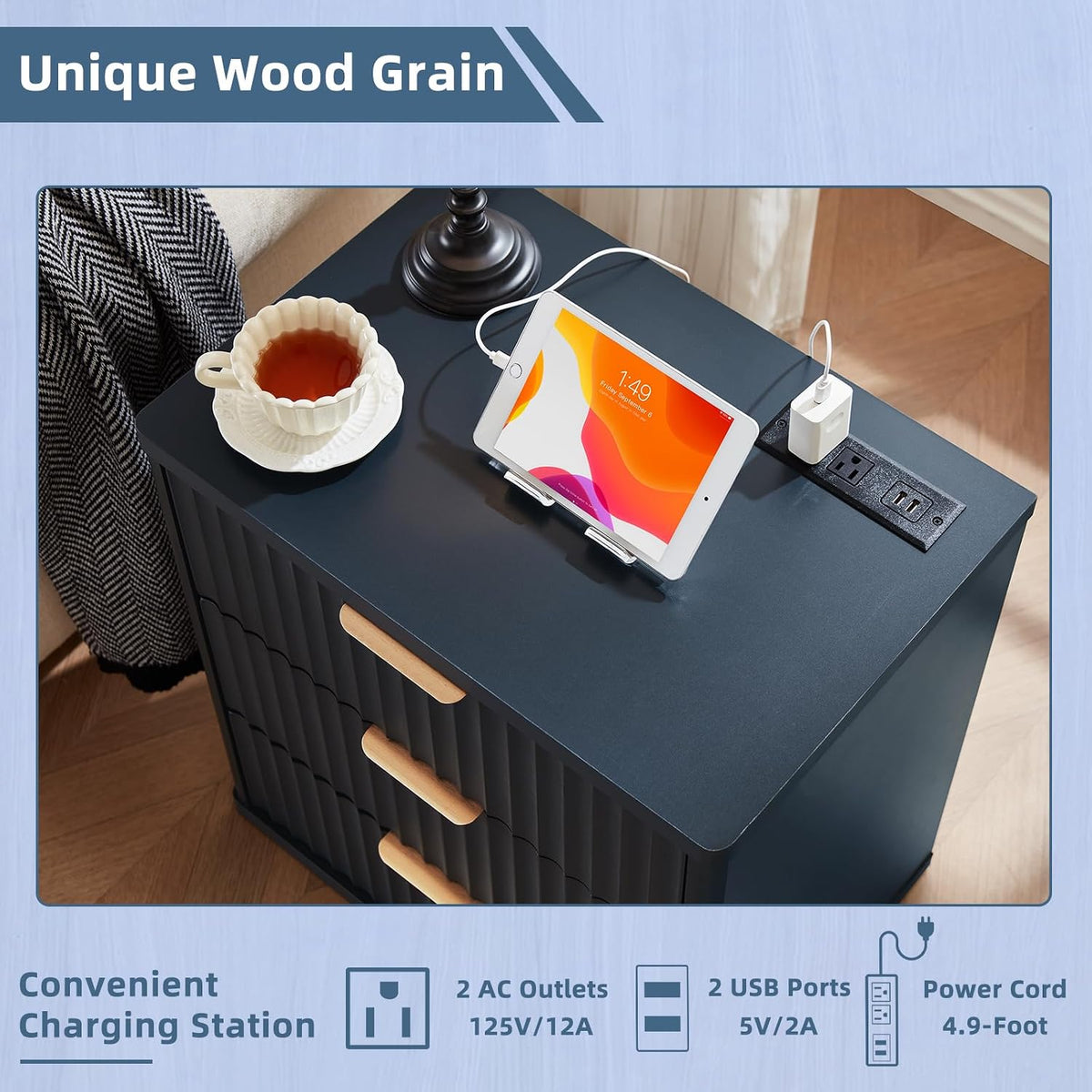 ✨ Fluted 2-Drawer Nightstand with Charging Station | Modern Bedside Table with Open Storage Shelf 🛏️🌿