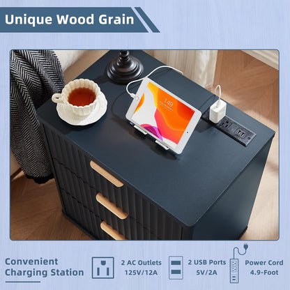 ✨ Fluted 2-Drawer Nightstand with Charging Station | Modern Bedside Table with Open Storage Shelf 🛏️🌿