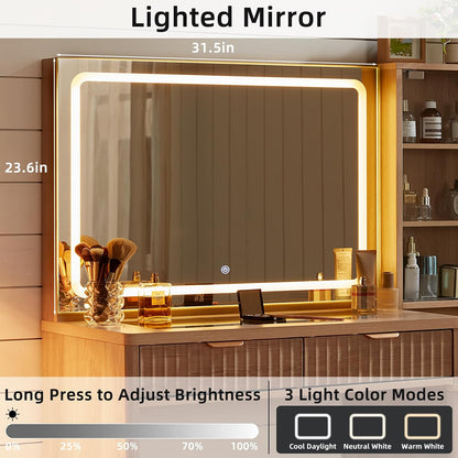 ✨ Fluted Makeup Vanity Set with Lighted Mirror & Nightstand | 6-Drawer Dressing Table with Charging Station 🌿💄