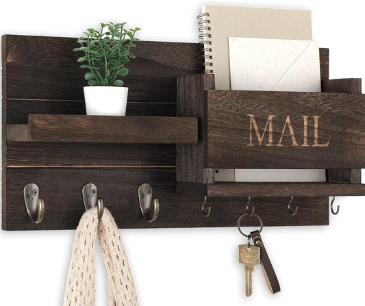 🏡 Rustic Wall-Mounted Mail & Key Organizer | Wooden Entryway Shelf with Hooks for Keys, Bags & Everyday Essentials ✨
