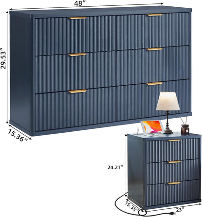 ✨ Fluted 2-Drawer Nightstand with Charging Station | Modern Bedside Table with Open Storage Shelf 🛏️🌿