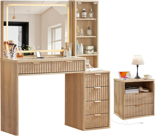 ✨ Fluted Makeup Vanity Set with Lighted Mirror & Nightstand | 6-Drawer Dressing Table with Charging Station 🌿💄