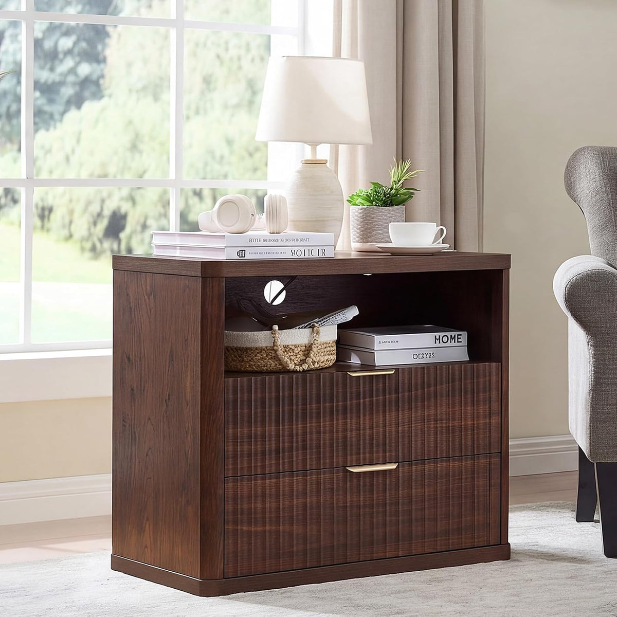 ✨ Oversized Fluted Nightstand with Charging Station | 2-Drawer Bedside Table with USB & Power Outlets 🛏️🌿