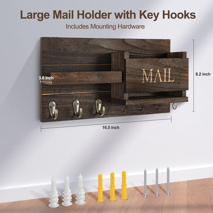 🏡 Rustic Wall-Mounted Mail & Key Organizer | Wooden Entryway Shelf with Hooks for Keys, Bags & Everyday Essentials ✨