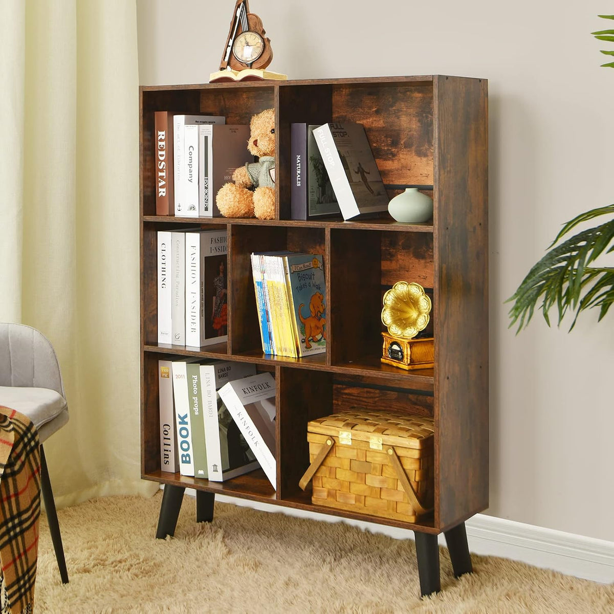 📚 Mid-Century 7-Cube Bookshelf | Rustic Brown Open Storage & Display Bookcase with Legs 🌿🏡