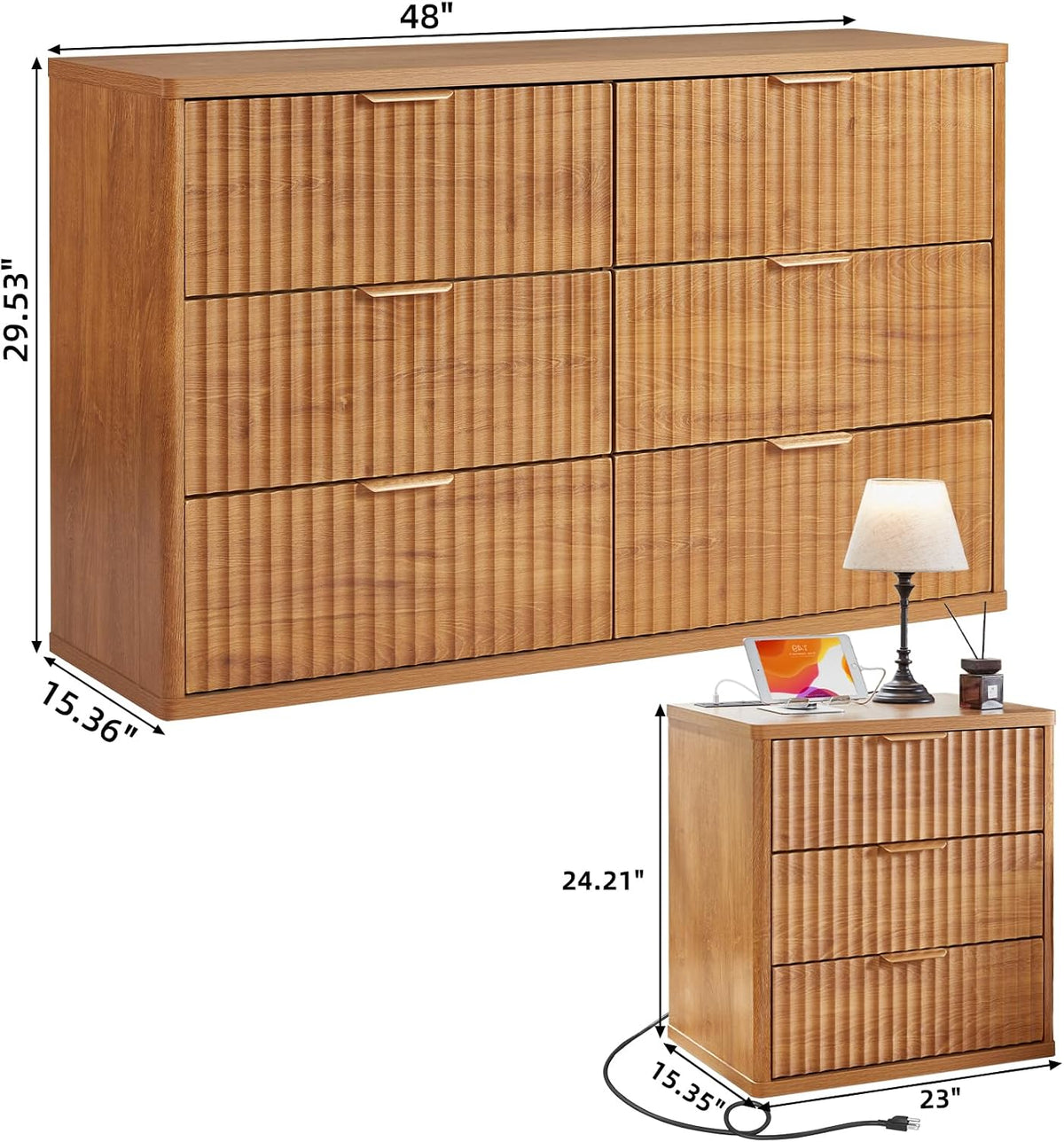 ✨ Fluted 2-Drawer Nightstand with Charging Station | Modern Bedside Table with Open Storage Shelf 🛏️🌿