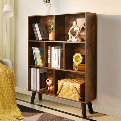 📚 Mid-Century 7-Cube Bookshelf | Rustic Brown Open Storage & Display Bookcase with Legs 🌿🏡