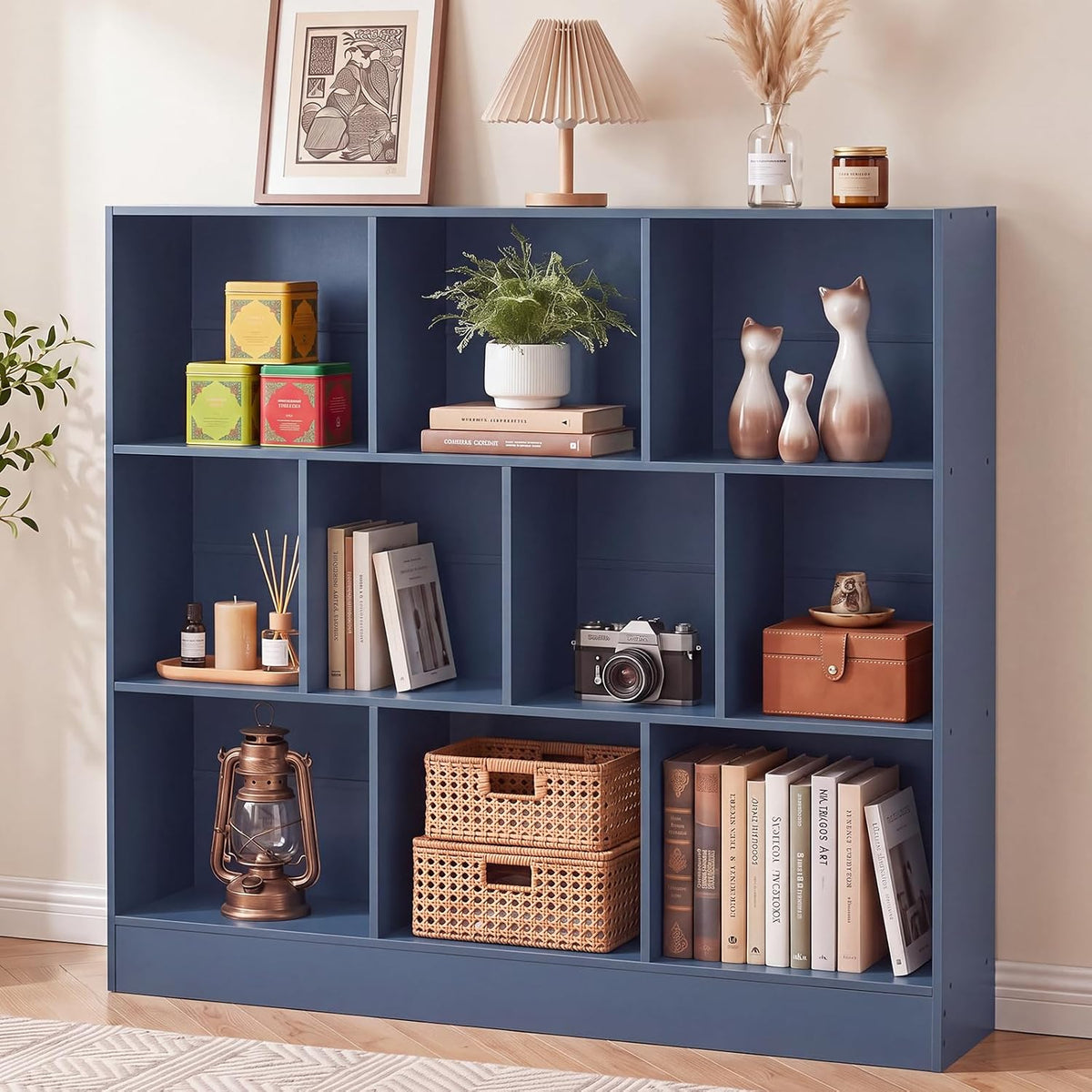 📚 Mid-Century 7-Cube Bookshelf | Rustic Open Storage Bookcase with Angled Legs for Books & Decor 🌿🏡