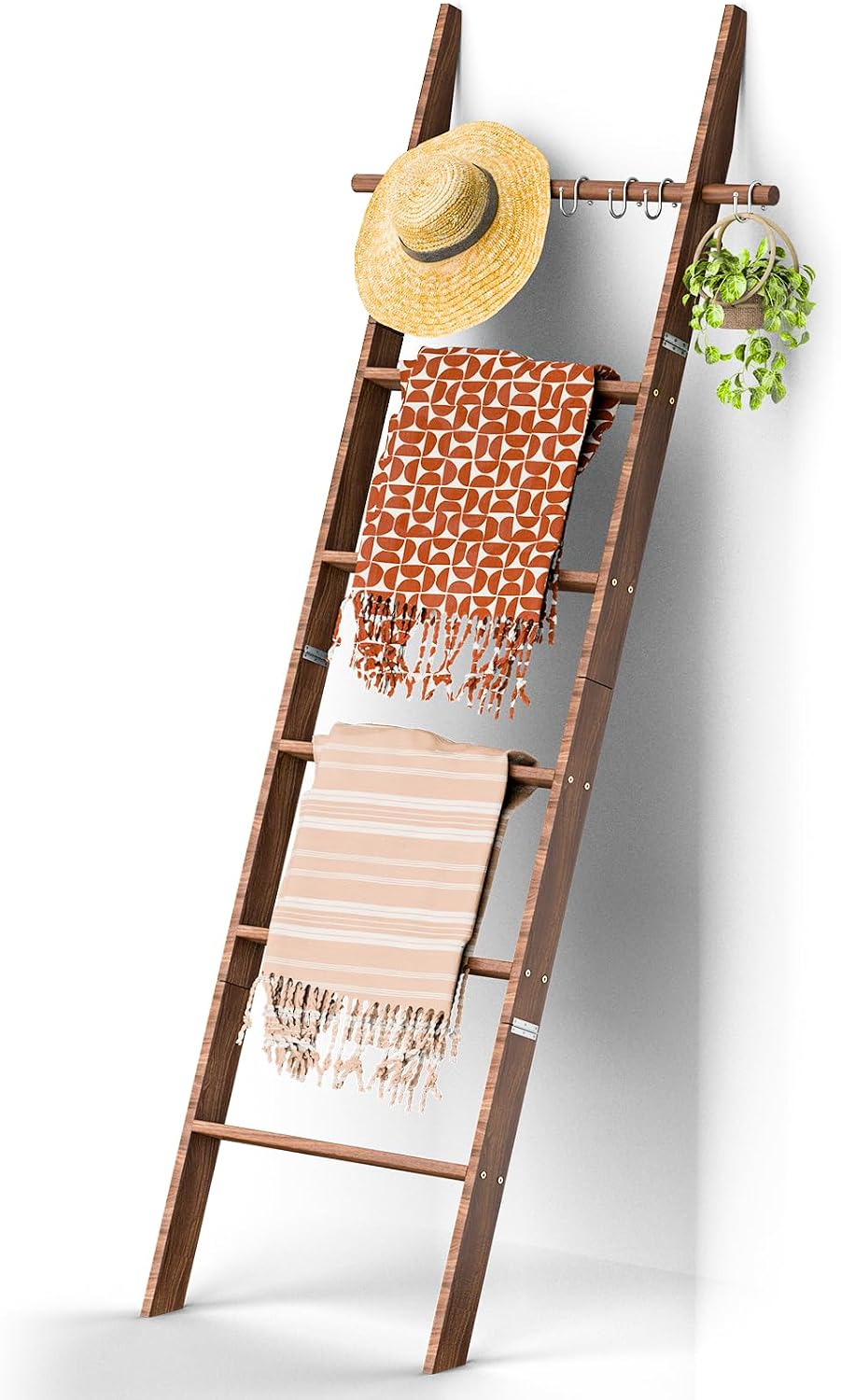 🪵 Rustic 6-Tier Wooden Blanket Ladder with 5 Removable Hooks | Farmhouse Towel, Quilt & Throw Display Rack 🌿🏡