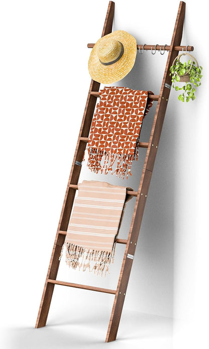 🪵 Rustic 6-Tier Wooden Blanket Ladder with 5 Removable Hooks | Farmhouse Towel, Quilt & Throw Display Rack 🌿🏡