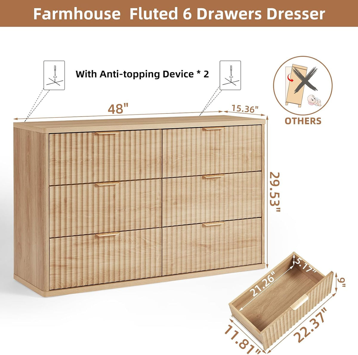 ✨ 48" Fluted 6-Drawer Dresser | Modern Wood Storage Cabinet with Curved Details for Bedroom & Living Room 🏡🌿