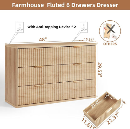 ✨ 48" Fluted 6-Drawer Dresser | Modern Wood Storage Cabinet with Curved Details for Bedroom & Living Room 🏡🌿