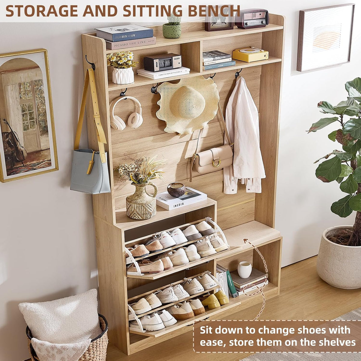 🌿 Boho Entryway Hall Tree with Cushioned Bench | 4-in-1 Coat Rack, Shoe Storage & Rattan Cabinets 🏡✨