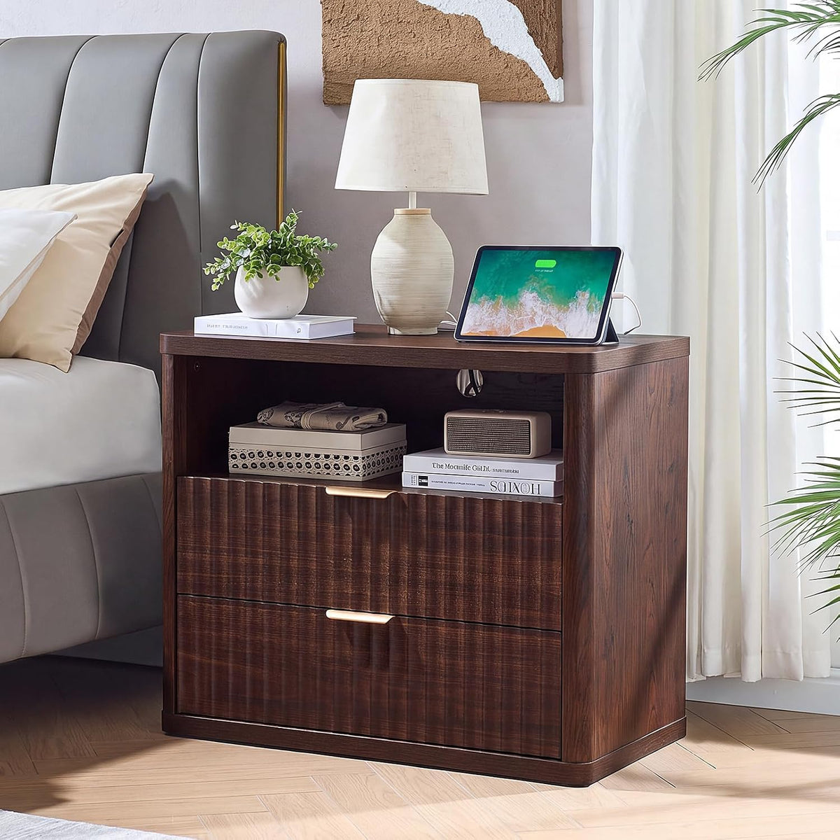 ✨ Oversized Fluted Nightstand with Charging Station | 2-Drawer Bedside Table with USB & Power Outlets 🛏️🌿