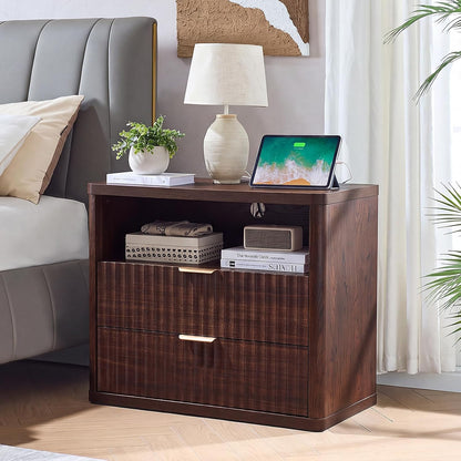 ✨ Oversized Fluted Nightstand with Charging Station | 2-Drawer Bedside Table with USB & Power Outlets 🛏️🌿