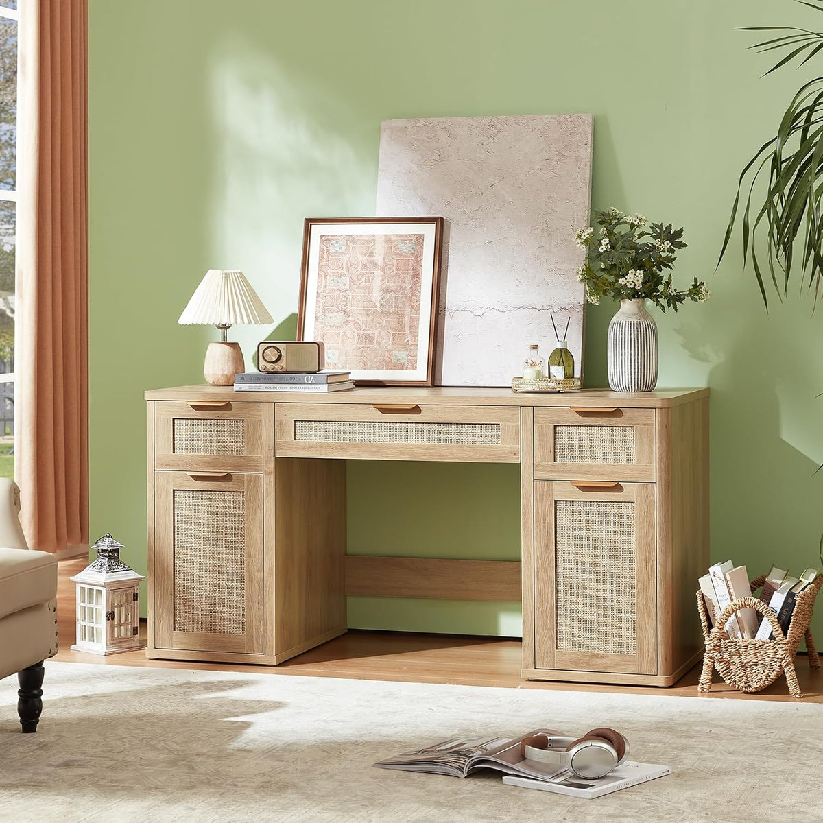 🌿 Boho Entryway Hall Tree with Cushioned Bench | 4-in-1 Coat Rack, Shoe Storage & Rattan Cabinets 🏡✨