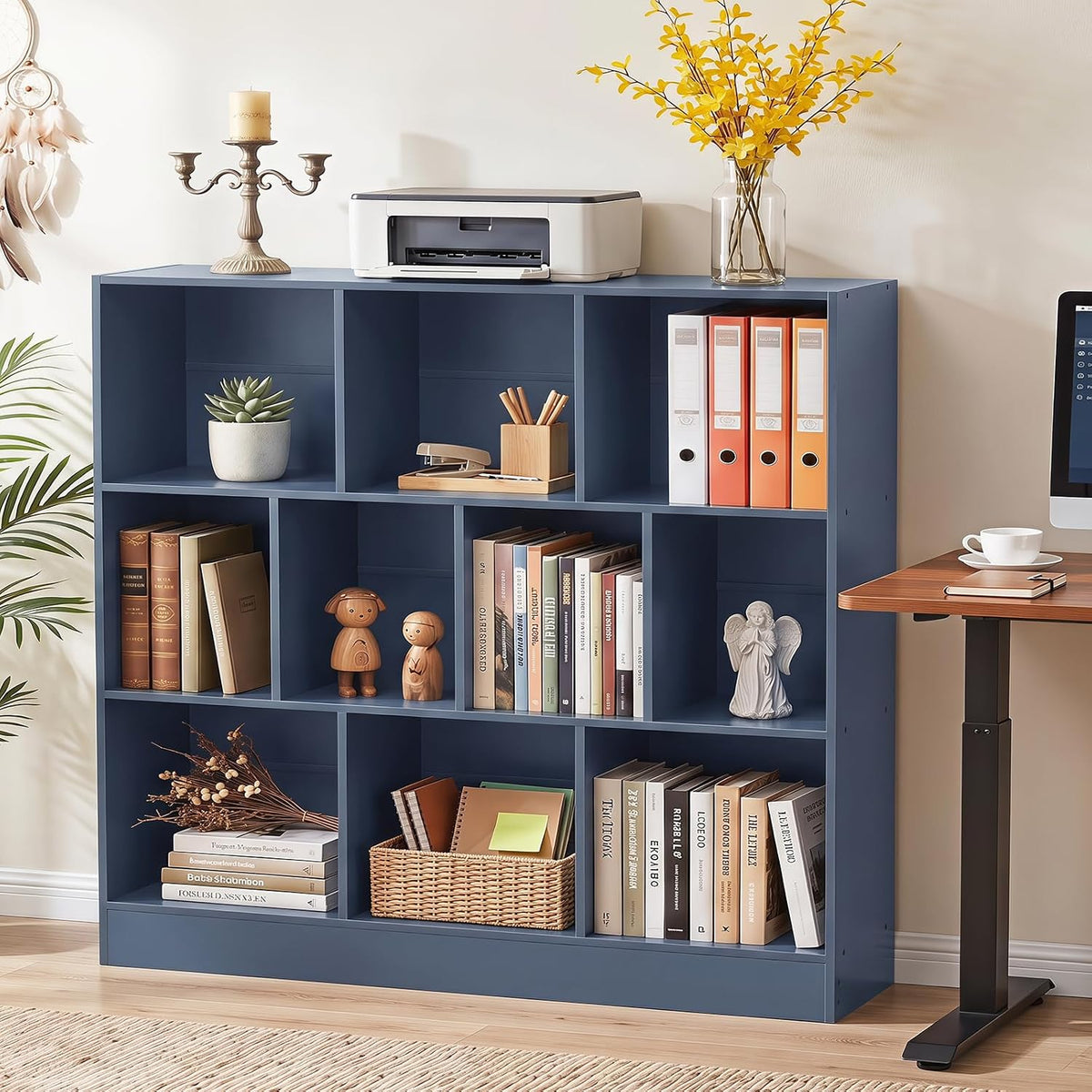 📚 Mid-Century 7-Cube Bookshelf | Rustic Open Storage Bookcase with Angled Legs for Books & Decor 🌿🏡