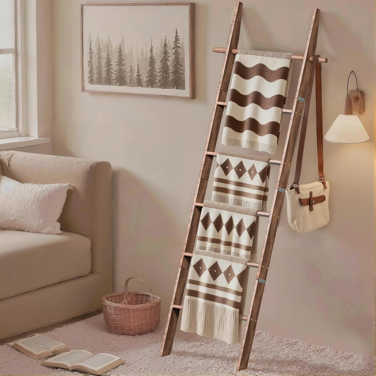 🪵 Rustic 6-Tier Wooden Blanket Ladder with 5 Removable Hooks | Farmhouse Towel, Quilt & Throw Display Rack 🌿🏡