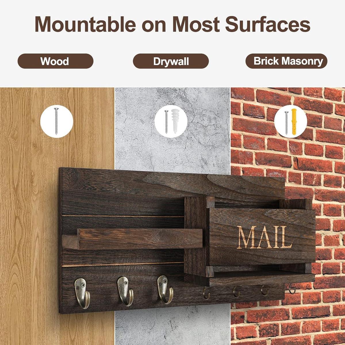 🏡 Rustic Wall-Mounted Mail & Key Organizer | Wooden Entryway Shelf with Hooks for Keys, Bags & Everyday Essentials ✨